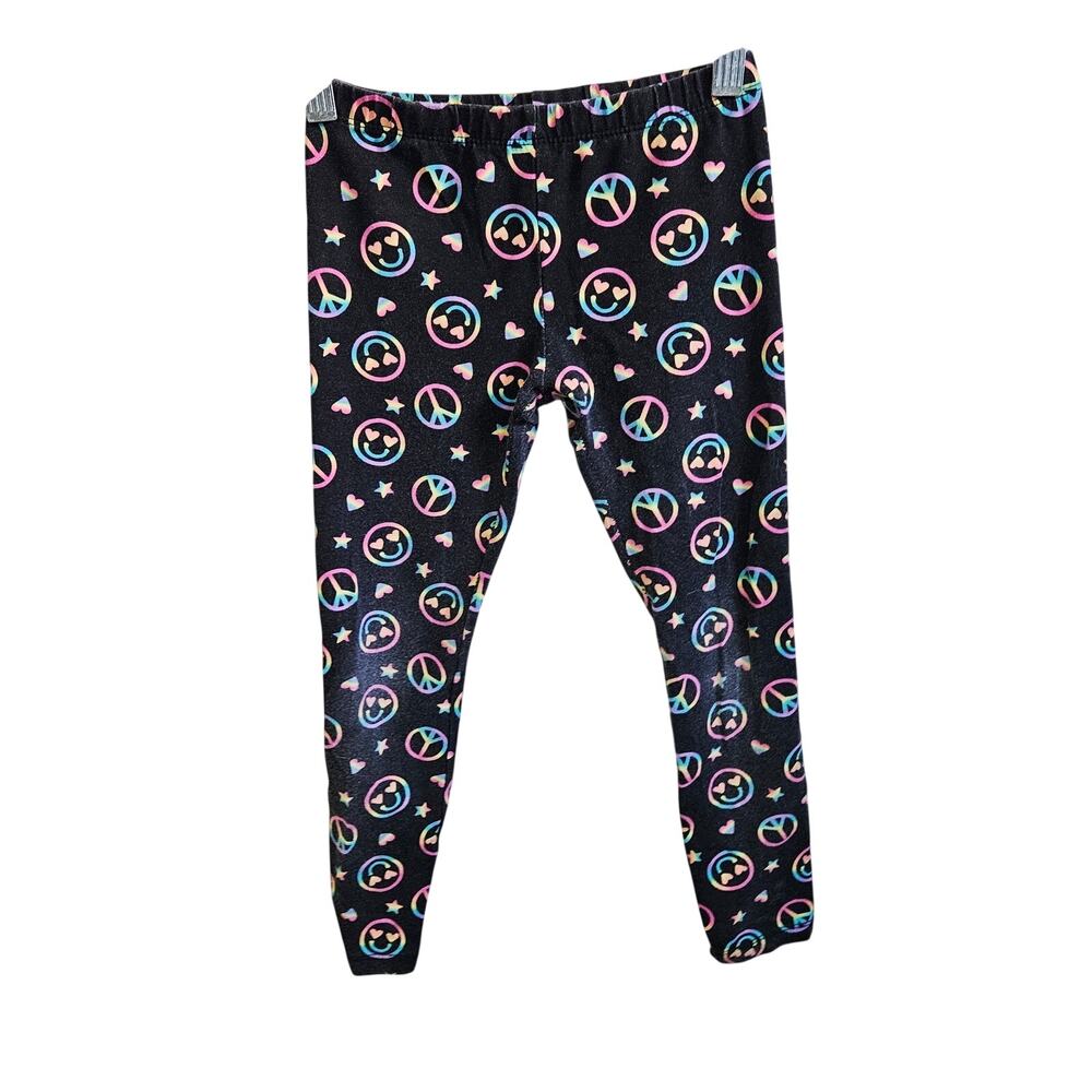Children's Place Girls Size M Leggings Black Neon Rainbow Emoji Stars Peace Sign